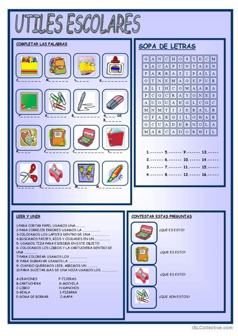 UTILES ESCOLARES Español ELE hojas de trabajo pdf doc