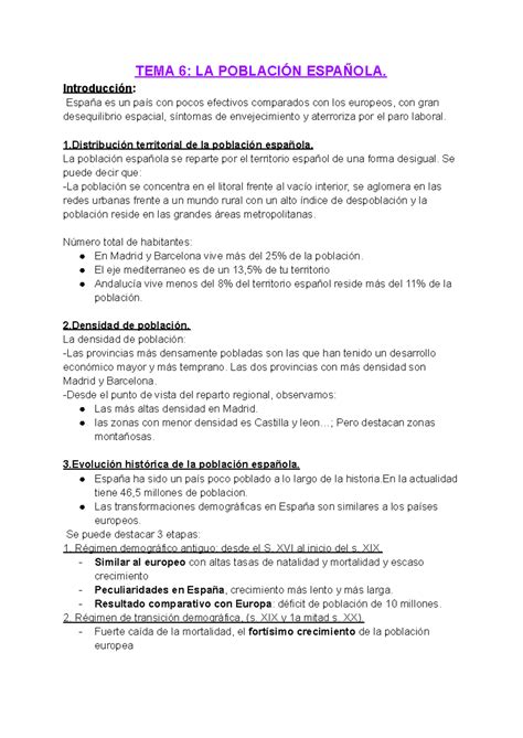 Geografia T La Poblacion Espa Ola Tema La Poblaci N Espa Ola