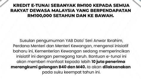 Bantuan Kredit E Tunai RM100 Untuk B40 M40 Akan Dilaksana Pada Suku