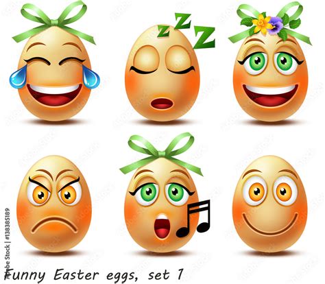 Happy Easter Emoticons Set Of 6 Funny Egg Shaped Emoji In Cartoon