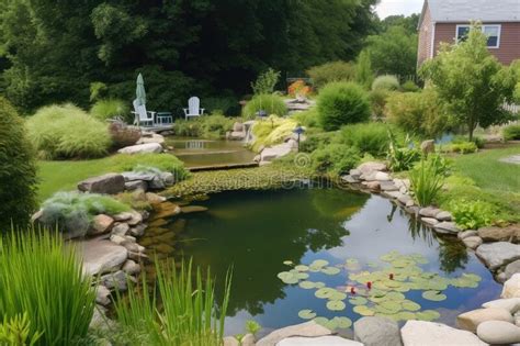 Backyard Pond Surrounded By Lush Greenery And Natural Setting Stock