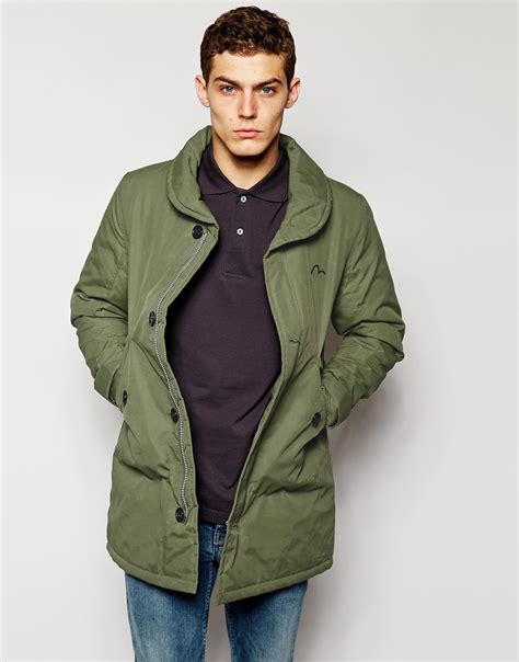 Evisu Genes Nylon Padded Trench Coat With Inner Travel Straps In Green