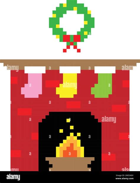 A Vector Illustration Pixel Art Of The Christmas Fireplace Isolated On