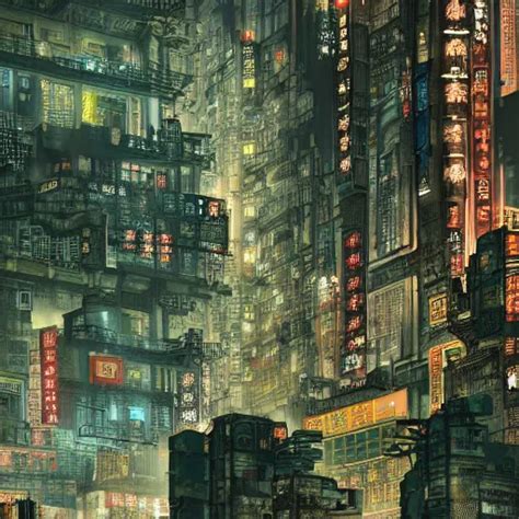 Kowloon Walled City Cyberpunk Mediumdetailed Night Stable Diffusion