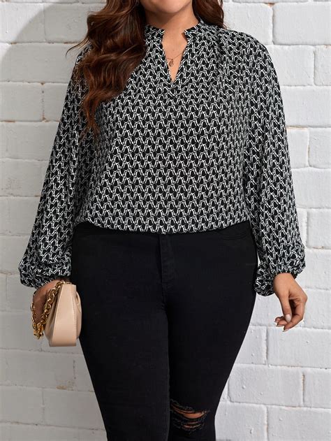 Shein Clasi Plus Allover Print Notched Neckline Lantern Sleeve Blouse