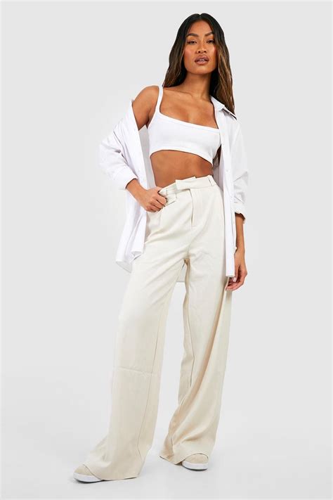 Tailored High Waisted Tab Detail Wide Fit Trousers Boohoo Uk