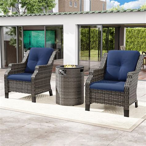 JOYSIDE 3 Piece Wicker Outdoor Patio Fire Pit Chair Set With Blue