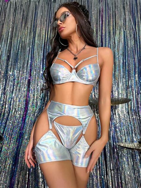 Holographic Ring Linked Underwire Garter Lingerie Set With Pair Leg