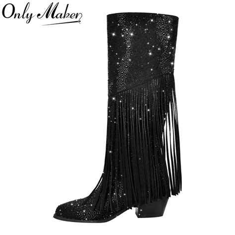 Onlymaker Women Knee High Boots Pointed Toe Fringe Black Western Cowboy