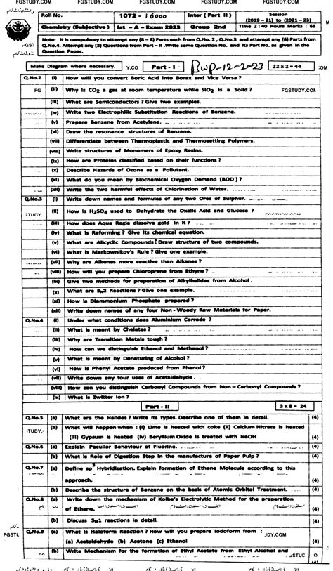 12th Class Chemistry Past Paper 2023 Bahawalpur Board Group 2 Subjective