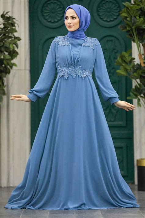 Plus Size İndigo Blue Modest Islamic Clothing Evening Dress 22113IM ...