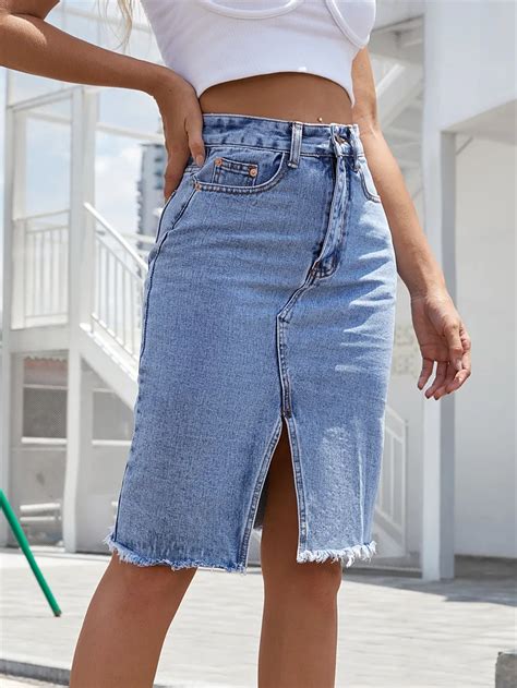 Damen Vorne Geschlitzt Blau Jeans Rock Taschen Hohe Taille Schlanke Rei