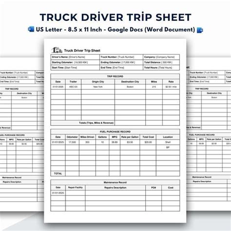 Truck Driver Trip Sheet Template Google Docs Word Document Digital