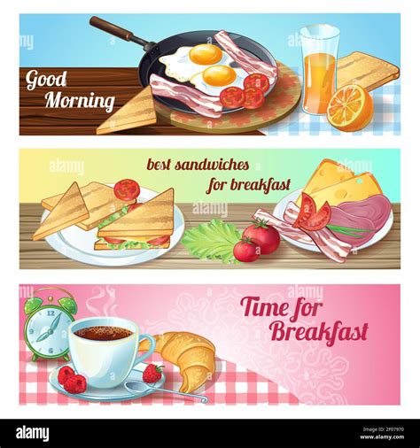 Three Horizontal Breakfast Banner Set With Good Morning Time For