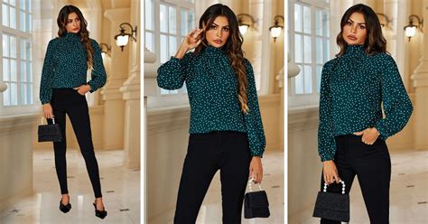 Polka Dot Halter Neck Tie Back Long Sleeves Blouse Top In Fs