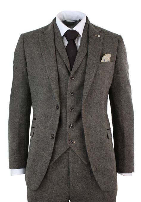 Mens Piece Wool Blend Herringbone Tweed Suit Brown Vintage Tailored