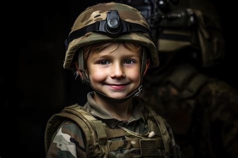 Premium Ai Image Portrait Of A Cute Little Boy In Military Uniform On