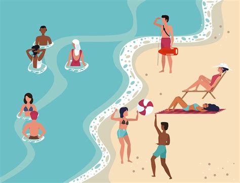 Premium Vector | Beach party people having fun drawing poster sahring on beach