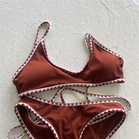 Zaful Rust Burnt Orange Strappy Swim Bikini Set Trim Cheeky Bottom Size