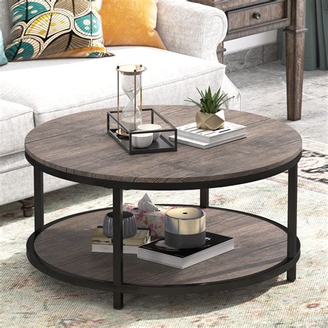 Rustic Brown Homcom Coffee Table Bedroom Large Tabletop For Living Room Industrial Round Side