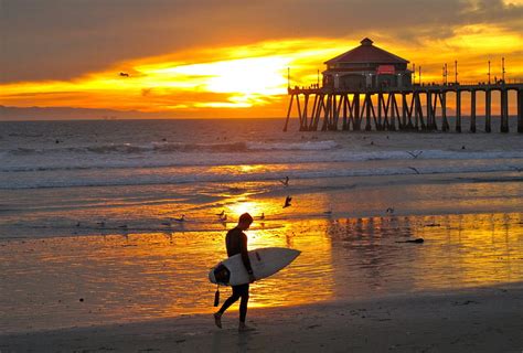 Huntington Beach Surf City Usa Beach Sunset Lone Surfer Pier Hd