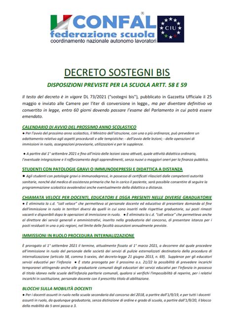 DECRETO SOSTEGNI BIS DISPOSIZIONI PREVISTE PER LA SCUOLA ARTT 58 E