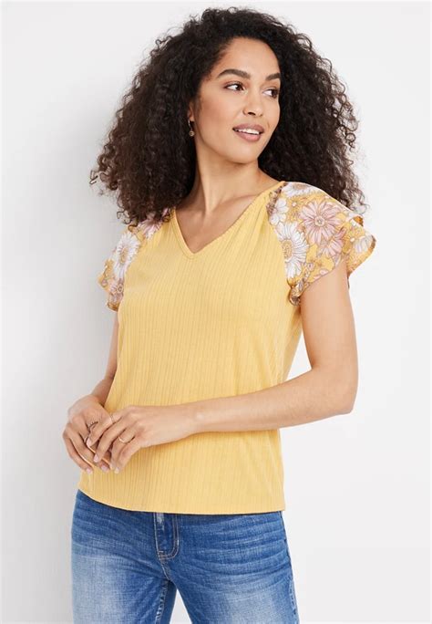 Ribbed Floral Flutter Sleeve V Neck Top Maurices