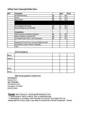 Fillable Online Jeffrey Yuen Transcript Order Form Fax Email Print