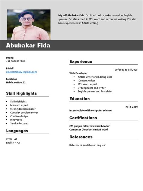 Abubakar Fida Experience Pdf