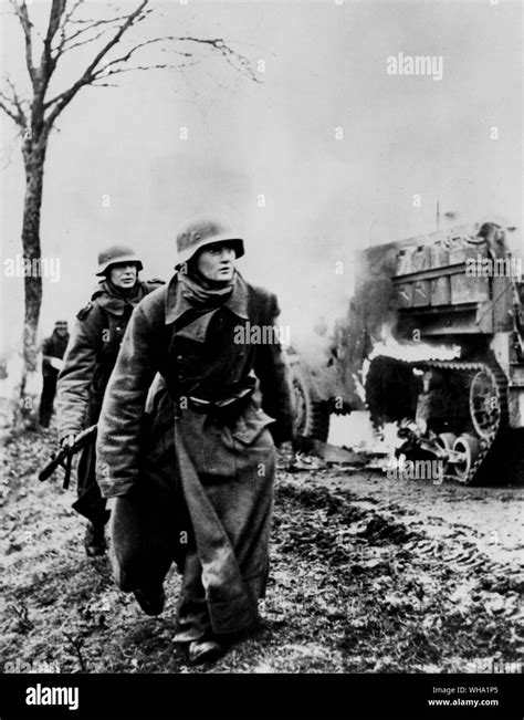 Ww2 German Troops Bypass Burning American Half Track Vehicle Dec 1944 Jan 1945 Ardennes