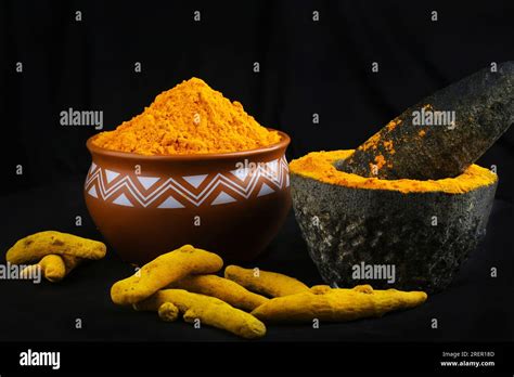 Dry Turmeric Powder Curcuma Longa Linn Stone Mortar Traditional