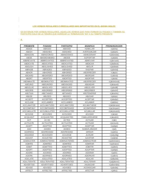 Docx Los Verbos Regulares E Irregulares Mas Importantes En El Idioma