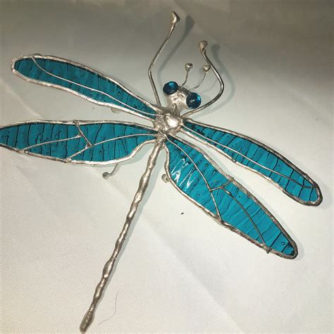 Stained Glass Dragonfly Art Iridescent Aqua Blue Pink Sculpture – glassquirks