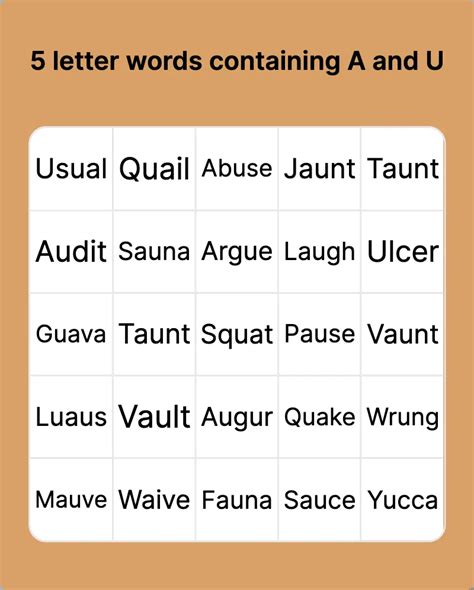 5 Letter Words Containing A And U Bingo Card Creator