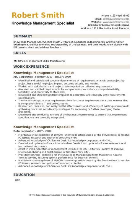 Knowledge Management Specialist Resume Samples | QwikResume