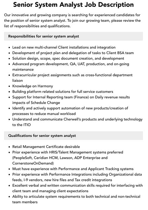 Senior System Analyst Job Description Velvet Jobs