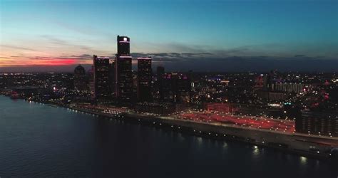 Detroit Skyline Michigan at Sunset Stock Footage Video (100% Royalty ...