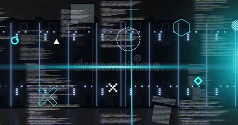 Animation Of Rotating Shapes And Blue Scanner Beams Over Data