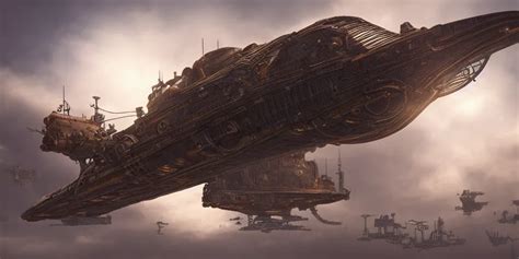 Steampunk Spaceship Hovering Over Fields And Small Stable Diffusion