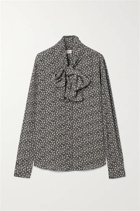 Tory Burch Pussy-bow Floral-print Silk-crepe Blouse in Gray | Lyst