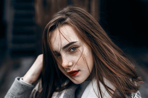 Women Red Lipstick Face Portrait Freckles Depth Of Field Hd