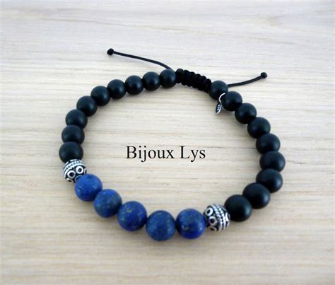 Bracelet Homme En Pierres Naturelles De Lapis Lazuli Et Donyx Noir Mat