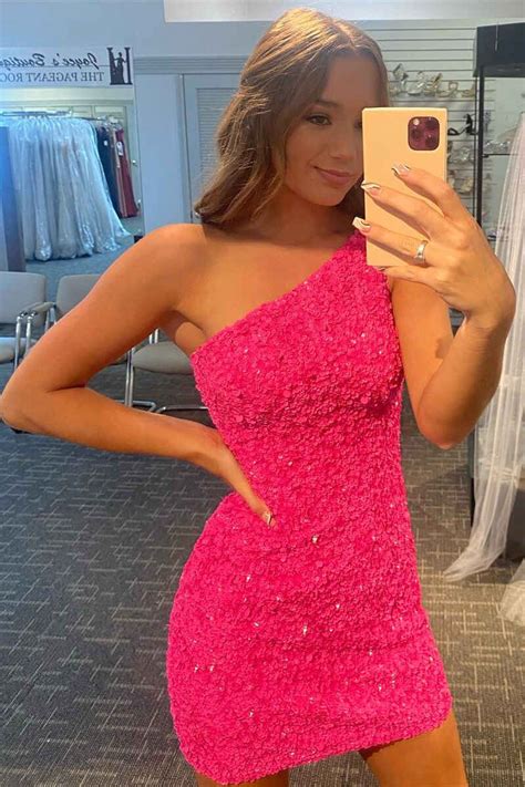 Hot Pink Sequin One Shoulder Mini Homecoming Dress