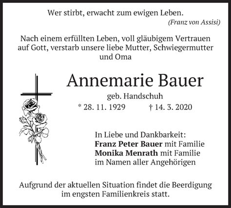 Traueranzeigen Von Annemarie Bauer Trauermerkurde