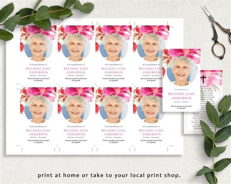 Pink Rose Funeral Prayer Card Template Printable Memorial Etsy