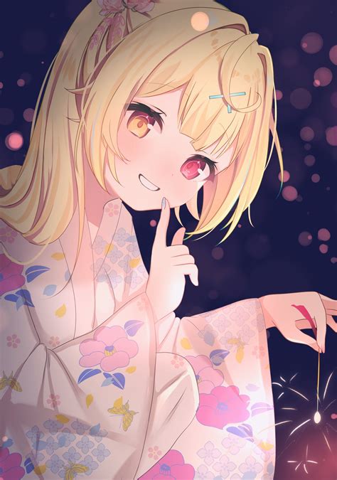 Safebooru 1girl Absurdres Ahoge Blonde Hair Blue Nails Finger To Mouth Flower Grin Hair Flower