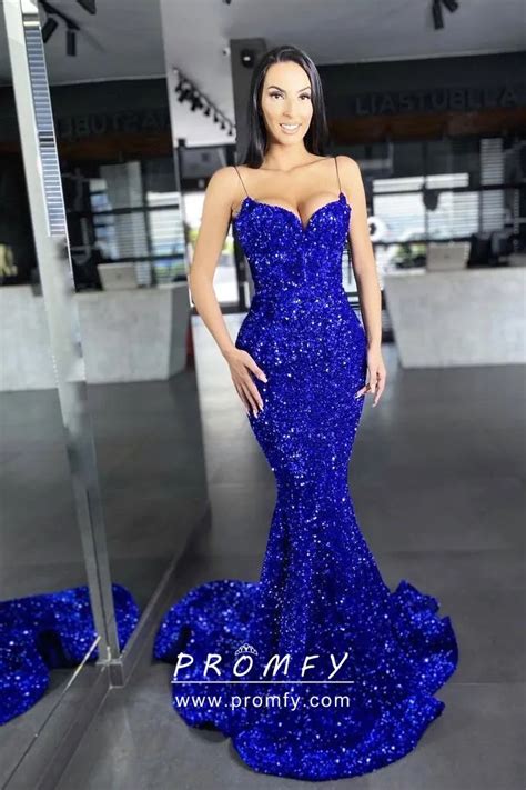 Royal Blue Sequin Thin Straps Mermaid Prom Evening Dress Promfy