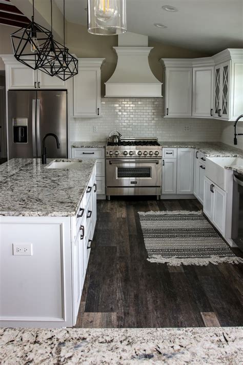 White Kitchen Great Room With Speckled Pearl Granite Farmhouse