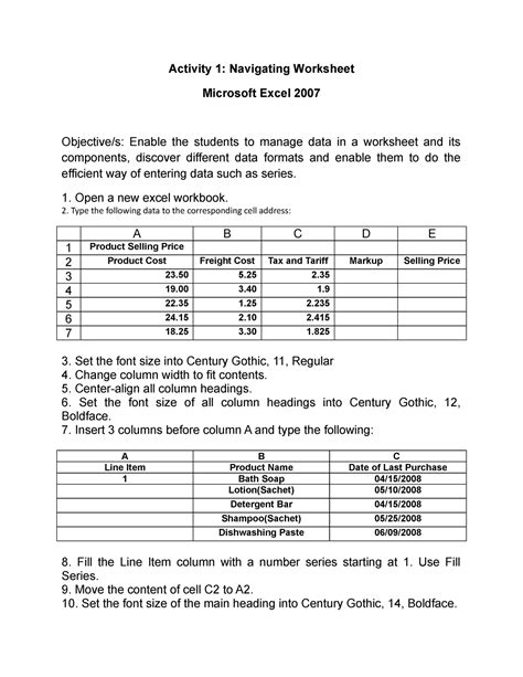 Ms Excel Activities 1st Year 1st Sem Activity 1 Navigating