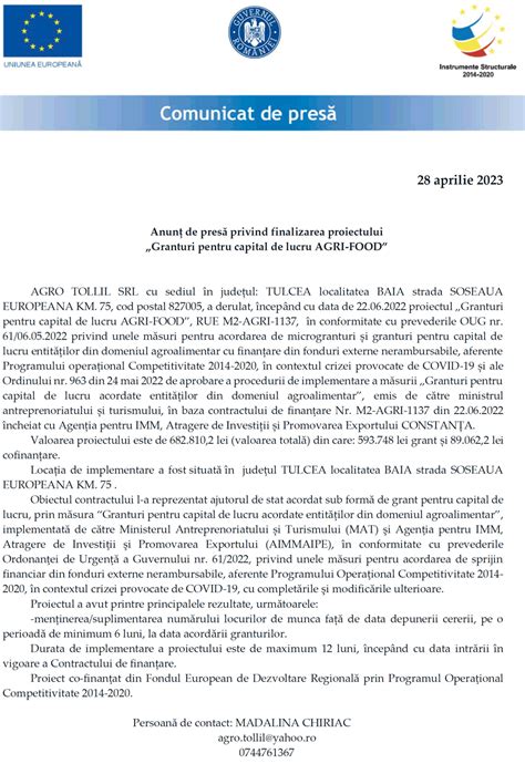 Anunț de presă privind finalizarea proiectului Granturi pentru capital